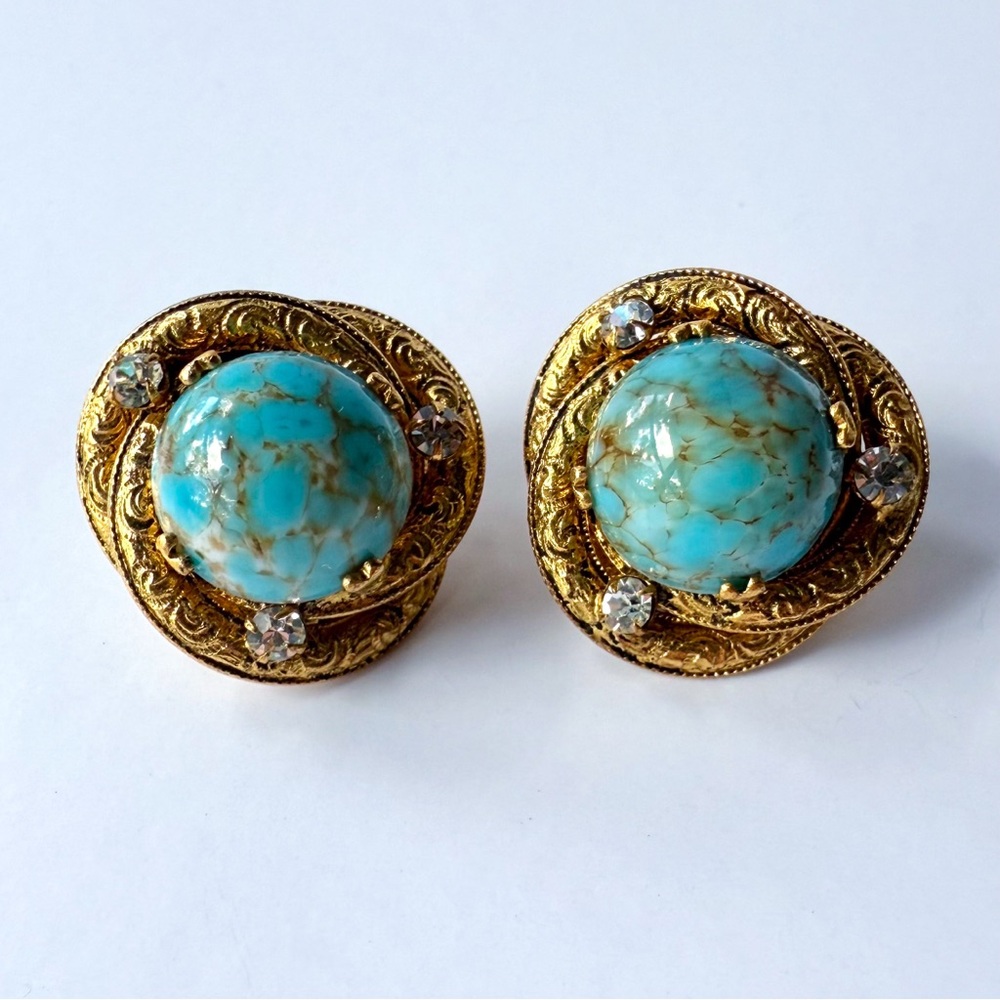 Vintage French Couture Turquoise Glass Cabochon Rhinestone Gilt Knot Earrings